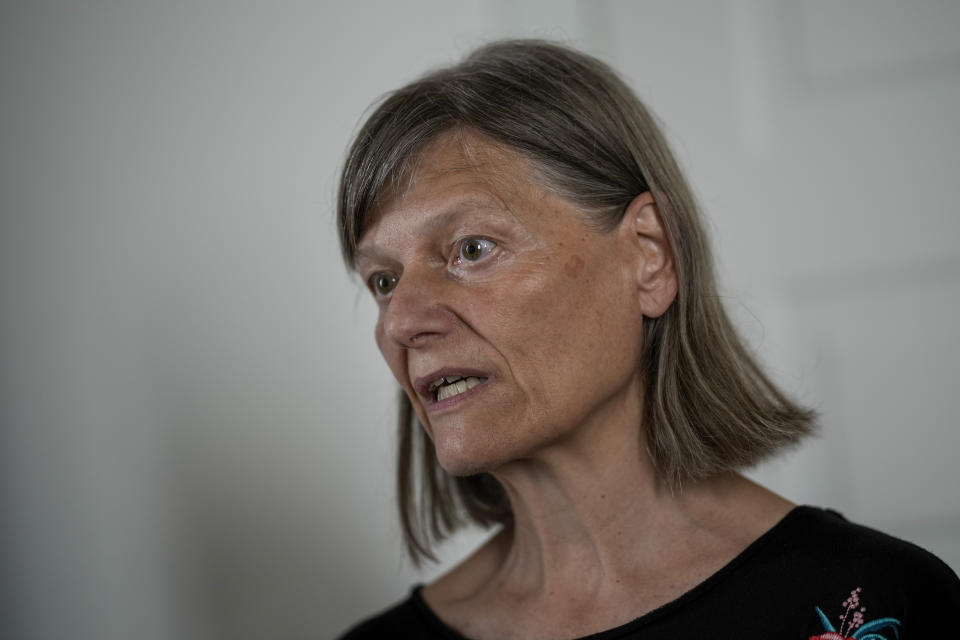 Mirjam Kovac answers questions during an interview with the Associated Press, in Rome, Friday, June 28, 2024. Kovac is one of five women who urged Catholic bishops around the world to remove from their churches mosaics by ex-Jesuit artist Rev. Marko Rupnik after she accused him of psychologically, spiritually and sexually abusing her. (AP Photo/Andrew Medichini)