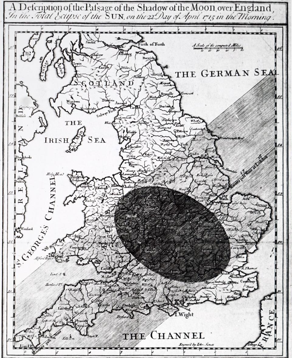 A map of England showing the path of an 18th century eclipse