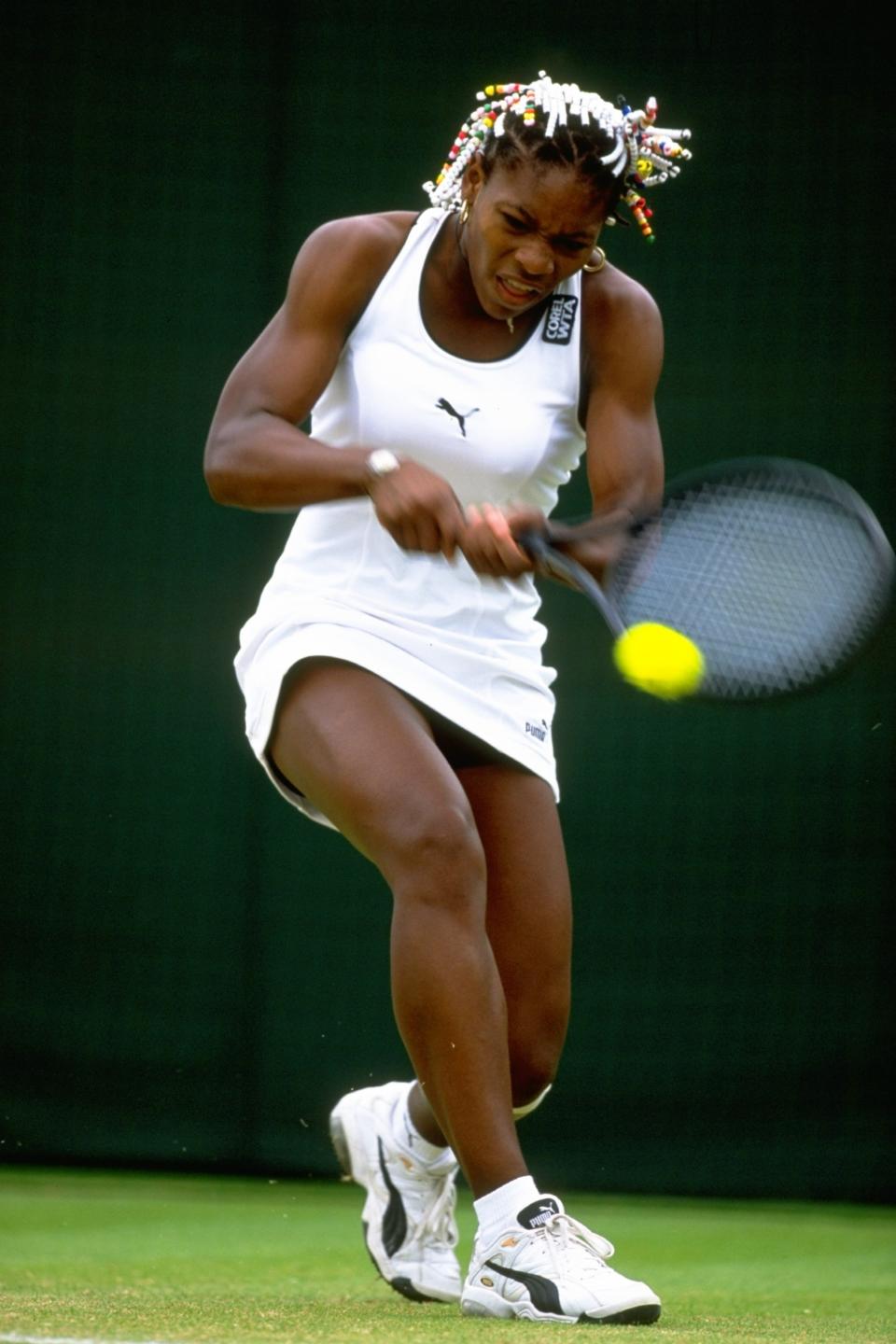 serena williams wimbledon fashion outfits and looks, 29 Jun 1998: Serena Williams of the USA plays a backhand during the 1998 Wimbledon Championships played at Wimbledon, London, England. Mandatory Credit: Alex Livesey /Allsport