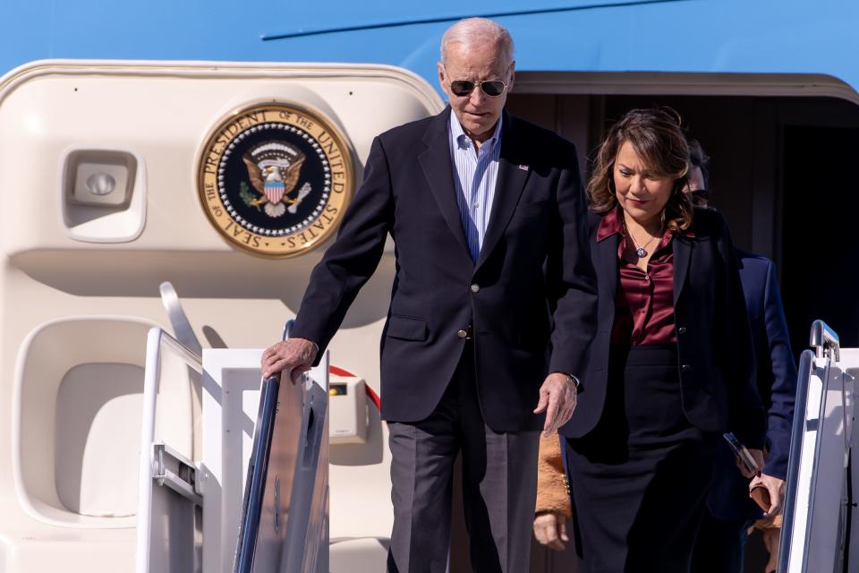 President Joe Biden is followed by U.S. Rep. Veronica Escobar, D-El Paso, after landing Jan. 8 at the El Paso International Airport aboard Air Force One.