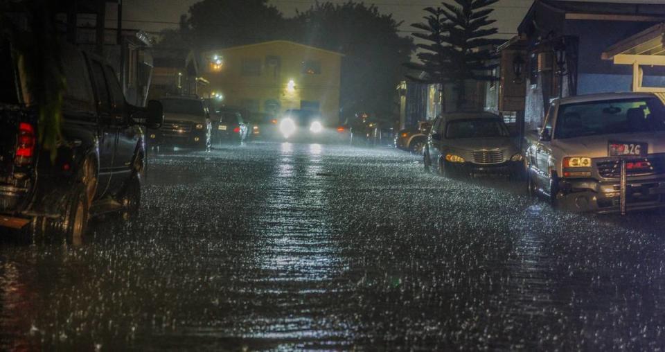 The streets at the Strawberry Village Trailer Park located at West 29th Street and 16th Avenue in Hialeah got flooded as torrential downpours inundate South Florida due to a disturbance off Florida’s coast on Wednesday, November 15, 2023.