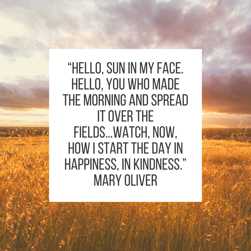 “Hello, sun in my face. Hello, you who made the morning and spread it over the fields...Watch, now, how I start the day in happiness, in kindness.” Mary Oliver