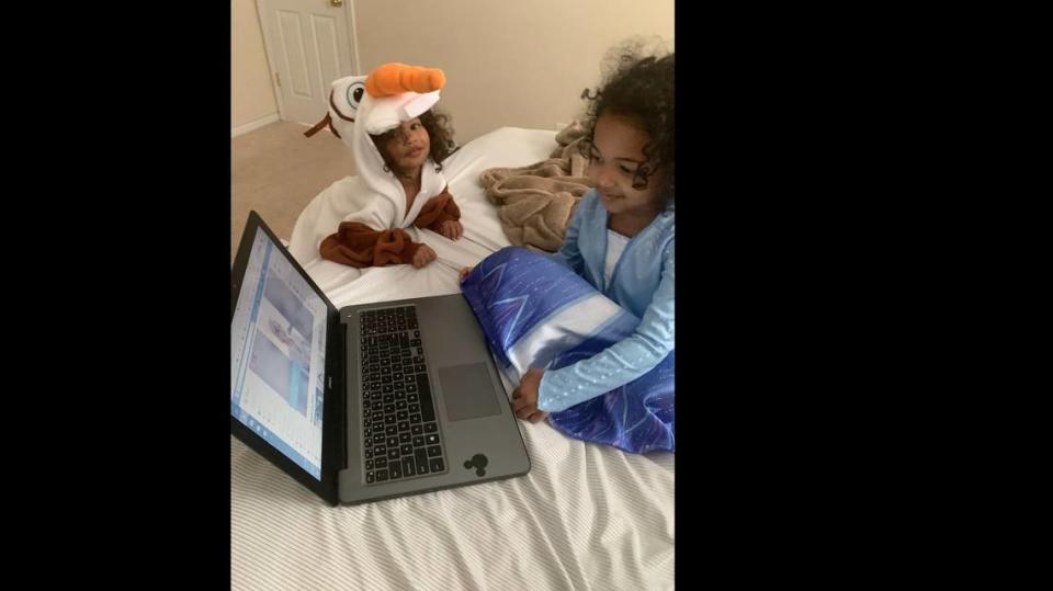 Levi Jaquez, 2, who is dressed like Olaf and Alysse Jaquez, 3, dressed like Elsa sang “Let It Go” from Frozen as part of Alysse virtual birthday party.