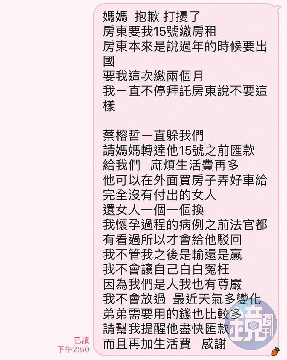 小雯秀出對話截圖，指控婆婆對她與兒子陷入困境，坐視不管。（讀者提供）