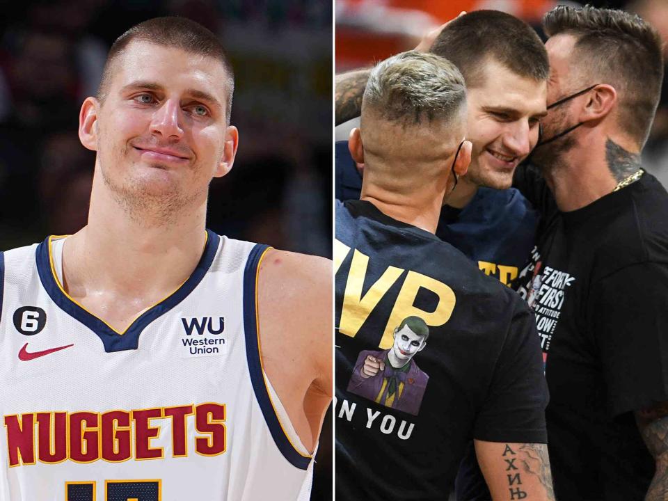 <p>Bart Young/NBAE/Getty ; Aaron Ontiveroz/MediaNews Group/The Denver Post/Getty</p> Nikola Jokic, Strahinja Jokic and Nemanja Jokic