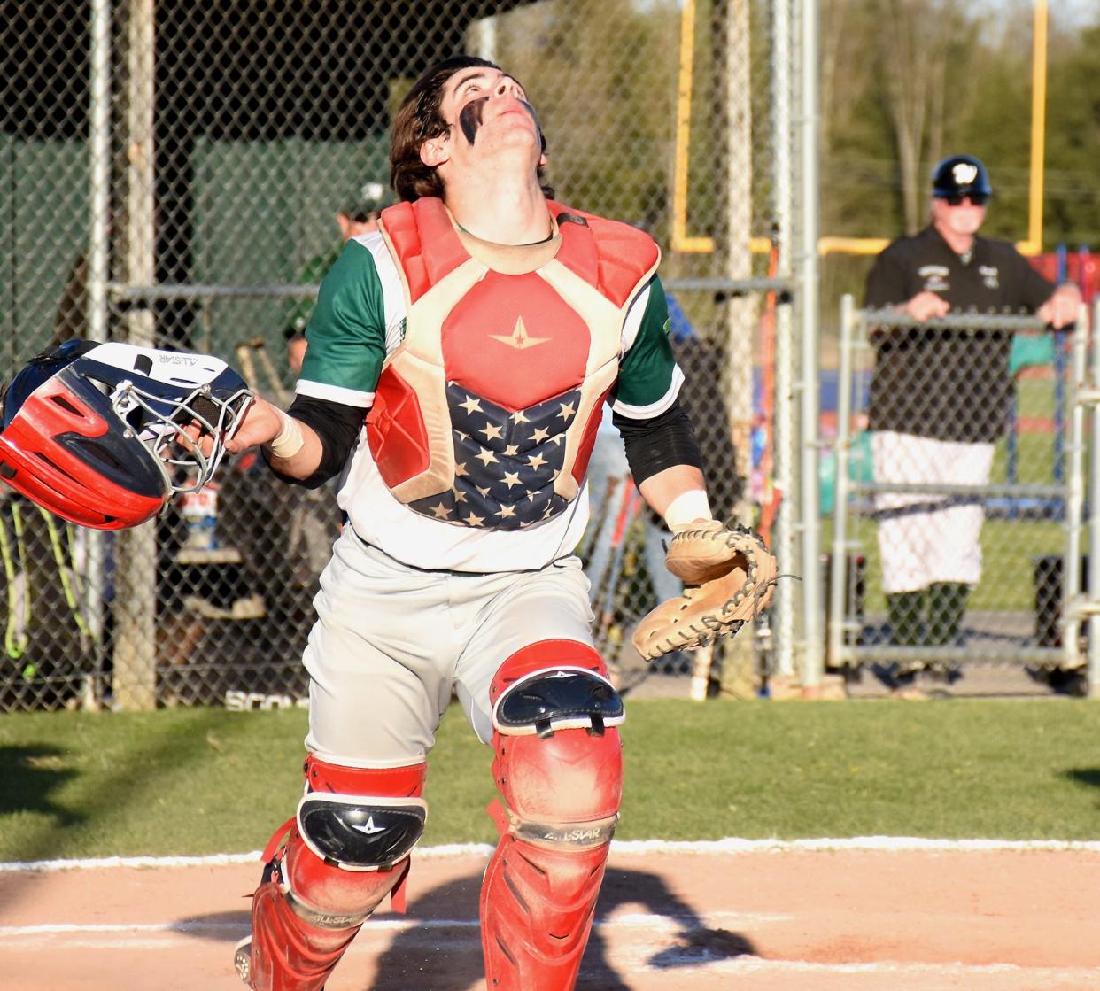 Westmoreland catcher Caleb Miller pursues a foul pop fly during a May 9 game in Herkimer. Westmoreland's Bulldogs shut out opponents Friday and Saturday to complete a 16-0 regular season and earn the No. 1 seed for Section III's Class C playoffs.