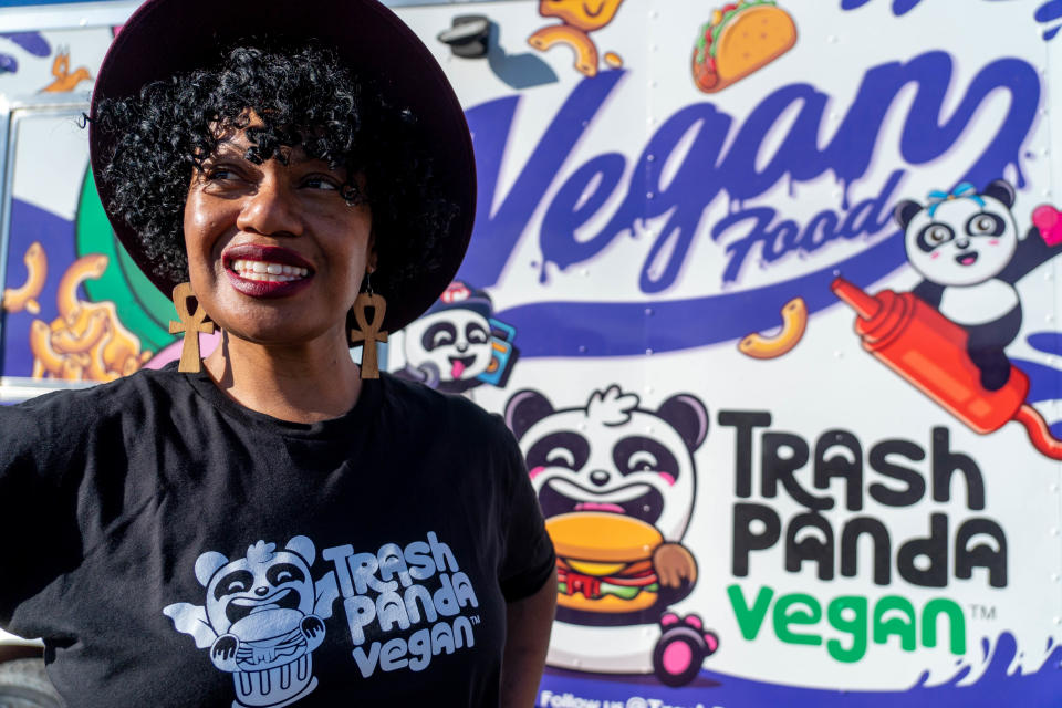 Krystal Mack, a vegan chef and owner of Trash Panda Vegan food truck and Early Bird Vegan, poses for a portrait outside her location in south Phoenix on October 14, 2022.