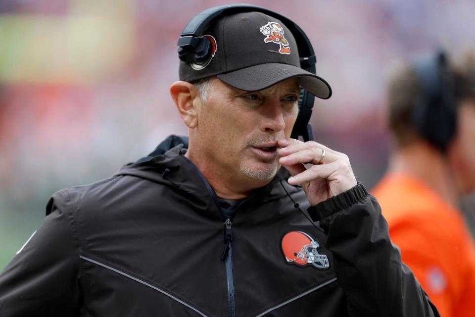 Cleveland Browns defensive coordinator Jim Schwartz talks on his headset against the San Francisco 49ers on Oct. 15 in Cleveland.