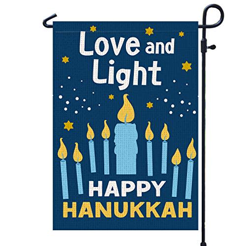 Happy Hanukkah Garden Flag Vertical Double Sided, Burlap Flag for December Chanukah Decoration - Love and Light Menorah Jewish Holiday Garden Outdoor & Yard Decoration Flag 12.5