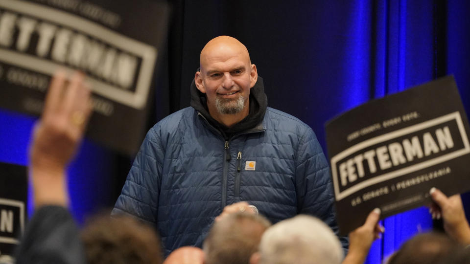 FILE - Pennsylvania Lt. Gov. John Fetterman, a Democratic candidate for U.S. Senate, speaks during a campaign event at the Steamfitters Technology Center in Harmony, Pa., Oct. 18, 2022. Fetterman is releasing a new doctor’s note saying that he's recovering well from a May stroke as he vies for Pennsylvania’s pivotal U.S. Senate seat. (AP Photo/Gene J. Puskar, File)