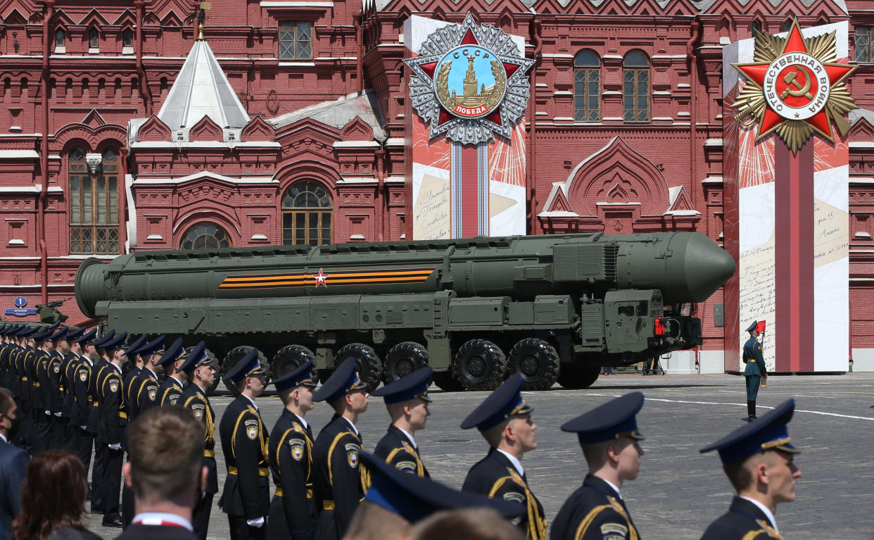A Russian nuclear missile rolls along Red Square during the military parade marking the 75th anniversary of Nazi defeat, on June 24, 2020, in Moscow. 