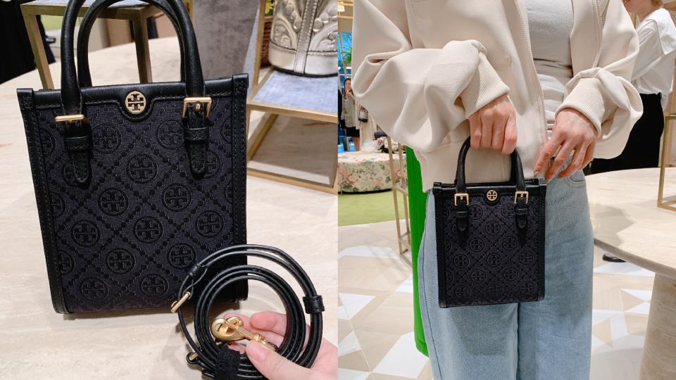 名牌包托特包推薦：TORY BURCH T MONOGRAM托特包，NT$16,900。除了橫式托特包型，像TB這款直式托特包也非常受歡迎，而且對於小隻女來說也更加友善，因為長方型的設計可以讓身型更顯修長圖片來源：編輯拍攝