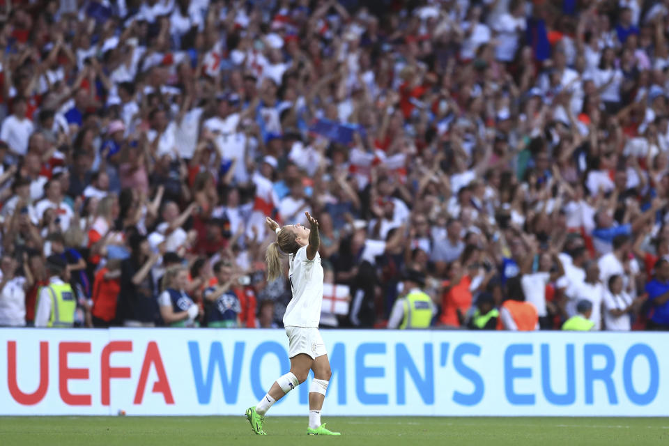 England's Rachel Daly celebrates after the Women's Euro 2022 final soccer match between England and Germany at Wembley stadium in London, Sunday, July 31, 2022. (AP Photo/Leila Coker)