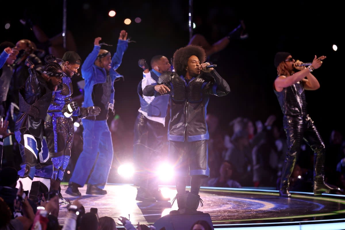 Usher, Ludacris, and Lil Jon perform onstage during the Apple Music Super Bowl LVIII Halftime Show at Allegiant Stadium (Getty Images)