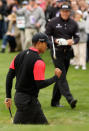 PEBBLE BEACH, CA - FEBRUARY 12: Tiger Woods celebrates chipping in for birdie from a greenside bunker on the 12th hole during the final round of the AT&T Pebble Beach National Pro-Am at Pebble Beach Golf Links on February 12, 2012 in Pebble Beach, California. (Photo by Ezra Shaw/Getty Images)