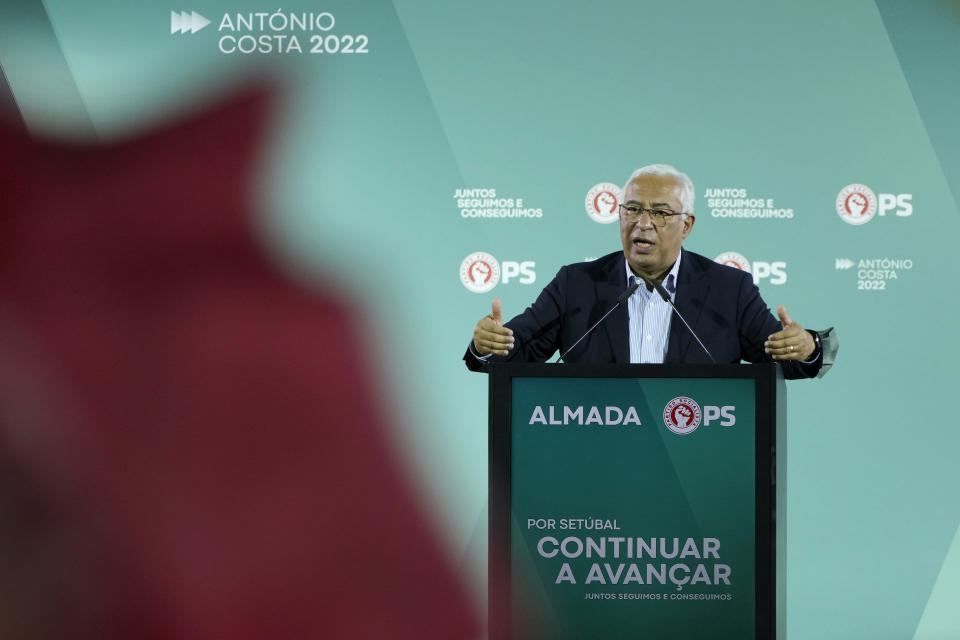 Portuguese Prime Minister and Socialist Party Secretary General Antonio Costa delivers a speech during an election rally in Almada, outside Lisbon, Wednesday, Jan. 26, 2022. Portuguese voters go to the polls Sunday, two years earlier than scheduled after a political crisis over a blocked spending bill brought down the country's minority Socialist government and triggered a snap election. (AP Photo/Armando Franca)