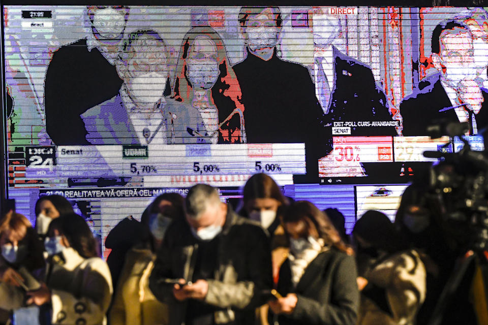 Journalists look at their mobile phones backdropped by large screens showing exit polls in the country's parliamentary elections at the headquarters of the ruling National Liberal Party, in Bucharest, Romania, Sunday, Dec. 6, 2020. An exit poll published in Romania Sunday after voting ended in the country's legislative election indicated that the ruling centre-right National Liberal Party, or NLP, was running neck-and-neck with the opposition Social Democrats, the two parties almost evenly splitting around 60% of the vote, trailed by the progressive USR-Plus alliance with around 15 percent. (AP Photo/Andreea Alexandru)