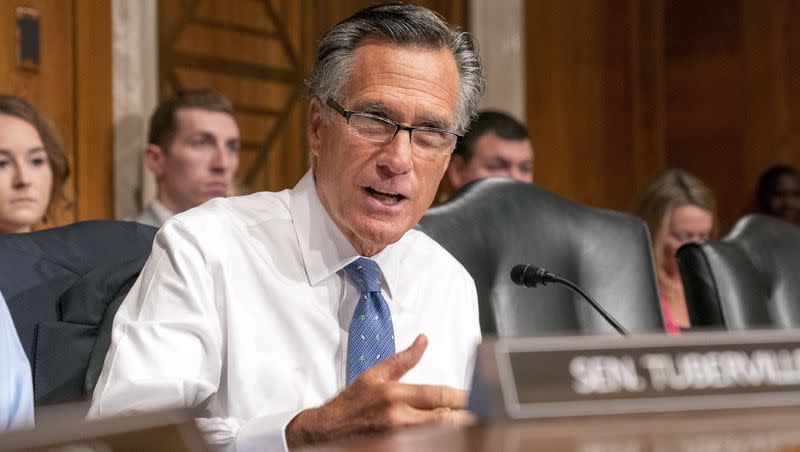 Sen. Mitt Romney, R-Utah, speaks during a Senate Health, Education, Labor and Pensions confirmation hearing for Julie Su to be the Labor Secretary, on Capitol Hill, on April 20, 2023, in Washington. Romney recently reintroduced a bipartisan bill to create transparency around the data that social media platforms gather.  