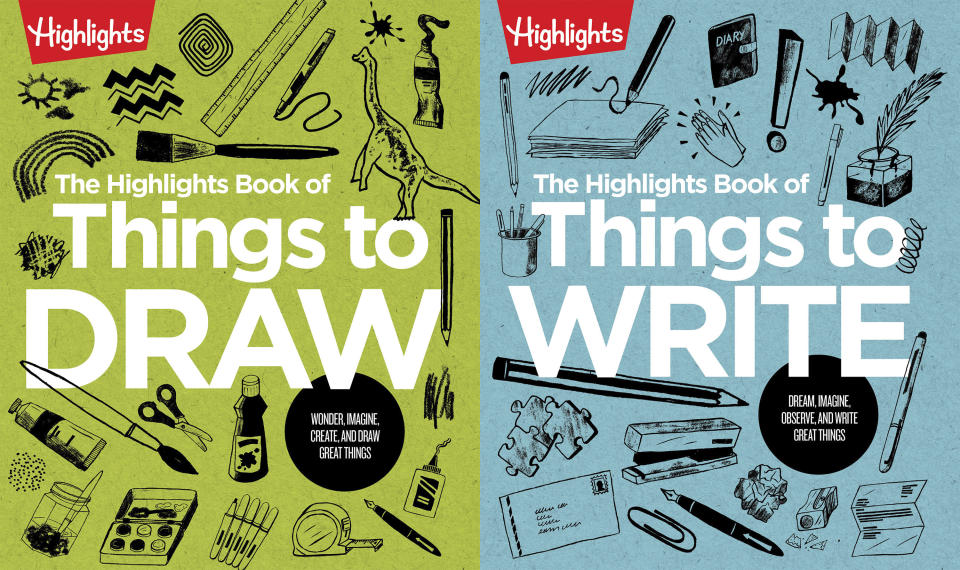This combination of photos show book cover for “The Highlights Book of Things to Draw,” left, and “The Highlights Book of Things to Write” by Highlights. (Highlights via AP)