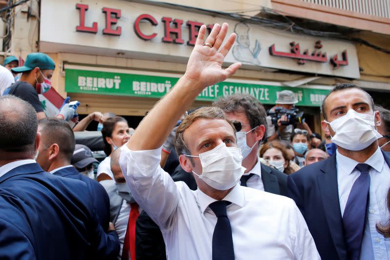 FILE PHOTO: French President Emmanuel Macron visits devastated streets of Beirut