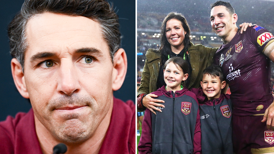 Billy Slater during a press conference and Nicole, Billy Slater and their children.