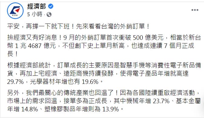 經濟部在臉書貼文表示，9月的外銷訂單首次衝破500億美元，傳統產業也回溫，   圖：翻攝經濟部臉書
