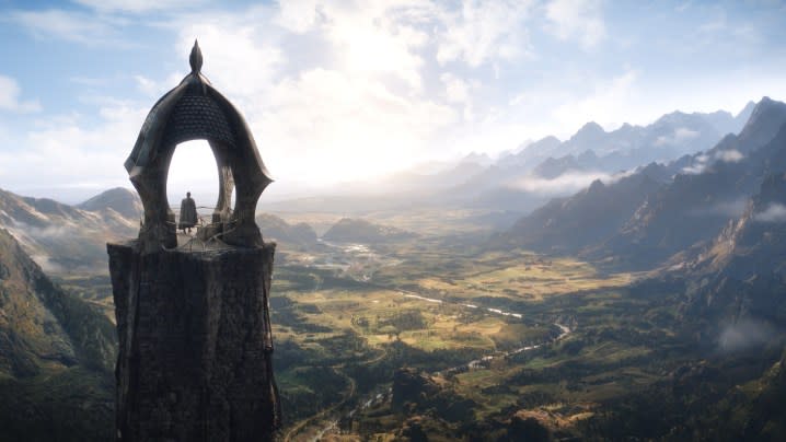 An elven tower stands over Middle-earth in a scene from The Lord of the Rings: The Rings of Power.