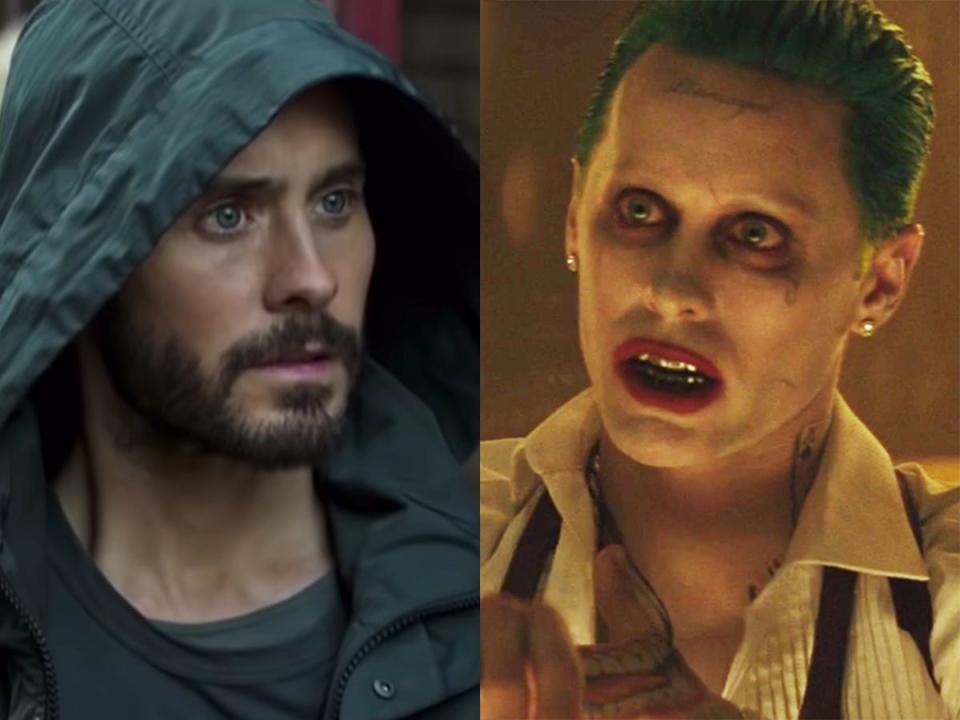 On the left: Jared Leto as Dr. Michael Morbius in "Morbius." On the right: Leto as the Joker in "Suicide Squad."