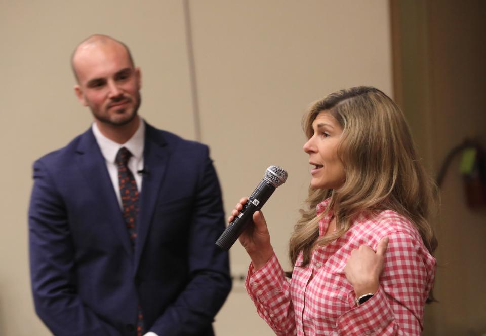 Our Lady of Lourdes High School principal, Meghan Vilardo speaks to students following a presentation by 2016 graduate Luke Timm on May 10, 2023. 