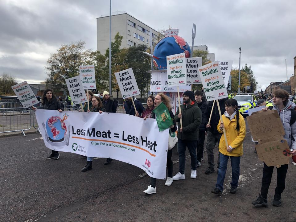 Animal rights protesters outside the Glasgow climate conference.