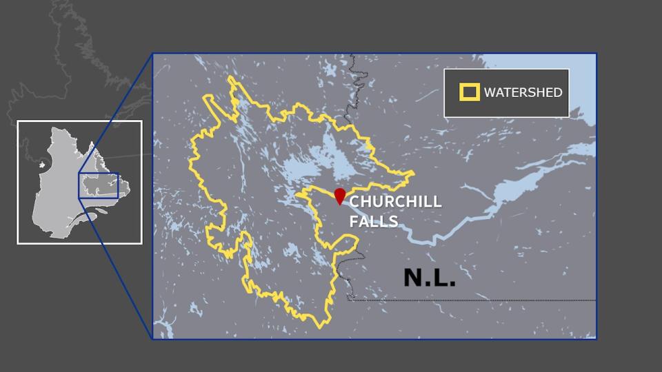 Die gelb dargestellte Wasserscheide von Churchill Falls erstreckt sich über ein Gebiet von der Größe von New Brunswick.