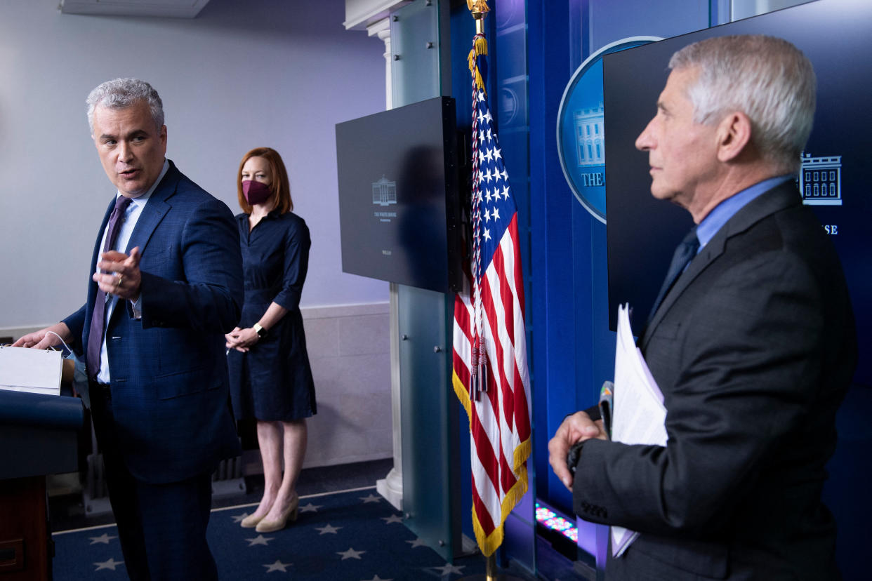 Jeff Zients, the White House's COVID-19 response czar; White House press secretary Jen Psaki; and Dr. Anthony Fauci of the National Institute of Allergy and Infectious Diseases at a press briefing in April.