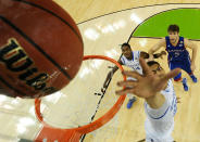 Anthony Davis #23 of the Kentucky Wildcats goes up for the ball in the first half against the Kansas Jayhawks in the National Championship Game of the 2012 NCAA Division I Men's Basketball Tournament at the Mercedes-Benz Superdome on April 2, 2012 in New Orleans, Louisiana. (Photo by Chris Steppig/Pool/Getty Images)