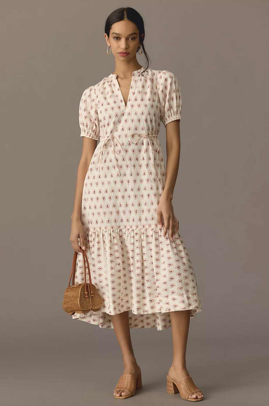 brunette model wearing light pink and white floral By Anthropologie Printed Puff-Sleeve Dress (photo via Anthropologie)