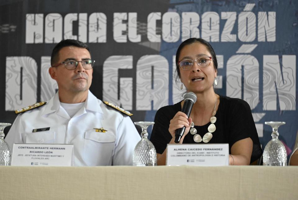 Colombian Rear-admiral Herman Ricardo Leon (L) and Colombian Director of Anthropologic and History Institute Alhena Caicido deliver a press conference at the Navy Museum in Cartagena, Colombia, on February 23, 2024.  / Credit: LUIS ACOSTA/AFP via Getty Images
