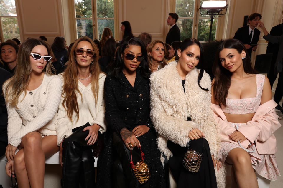 PARIS, FRANCE - SEPTEMBER 27: (L-R) Belinda Peregrín Schüll, guest, Ludmilla, Nabilla Vergara and Victoria Justice attend the Giambattista Valli Paris Womenswear Spring-Summer 2025 show as part of Paris Fashion Week on September 27, 2024 in Paris, France. (Photo by Pascal Le Segretain/Getty Images for Giambattista Valli)