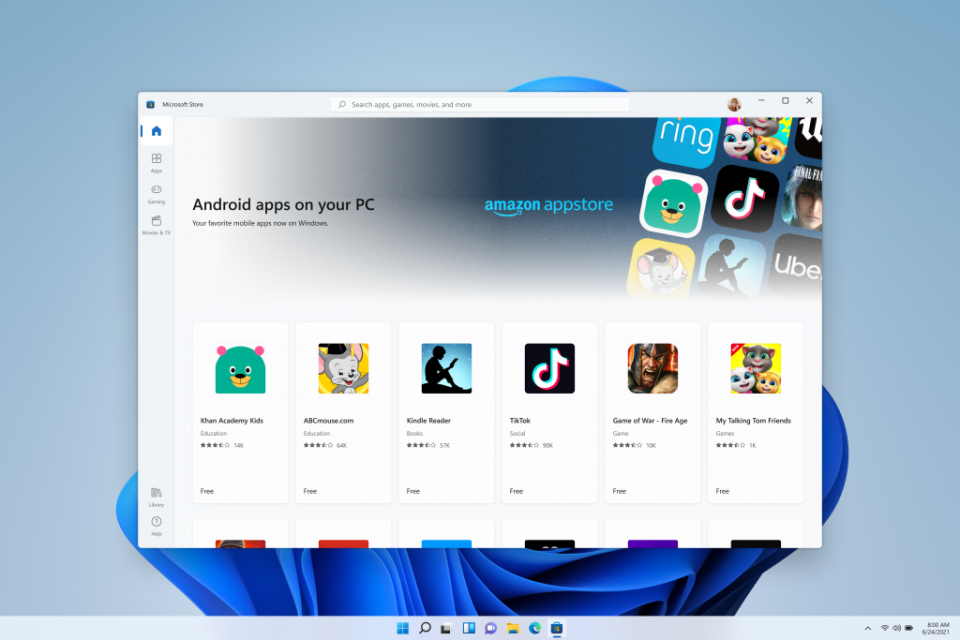 Microsoft's app store is getting a slew of new features in Windows 11, including the ability to run Android apps, and the option for developers to keep 100% of the revenue from sales of their apps. (Image: Microsoft)