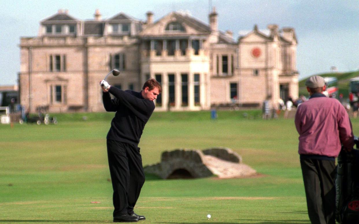 Prince Andrew tees off at the 18th hole at St Andrews in Scotland at a pro-am in 1994 - Steve Munday/Getty