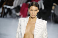 Model Bella Hadid wears a creation for Alexandre Vauthier Haute Couture Spring/Summer 2020 fashion collection presented Tuesday Jan. 21, 2020, in Paris. (AP Photo/Christophe Ena)