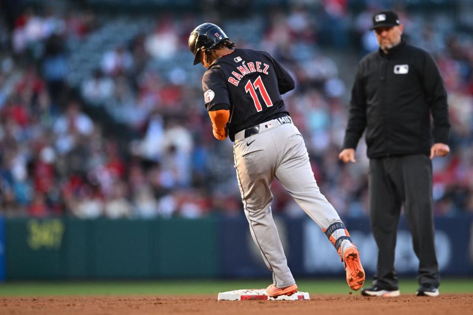 Guardians third baseman Jose Ramirez runs the bases after hitting a two-run home run against the Angels during the third inning, May 25, 2024, in Anaheim.