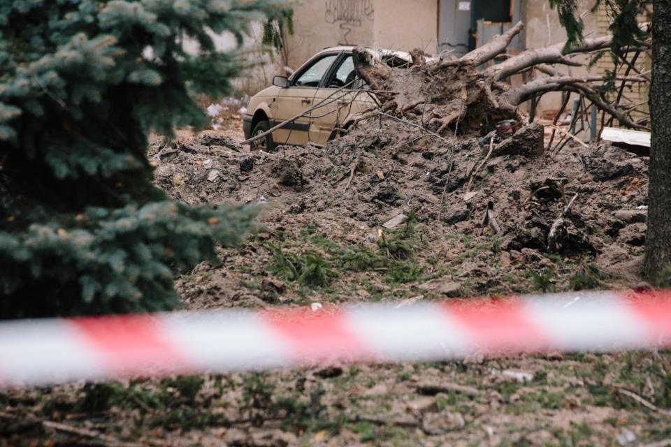 The results of a missile attack, in Kharkiv, Ukraine, on December 8, 2023. <em>Photo by Pavlo Pakhomenko/NurPhoto via Getty Images</em>