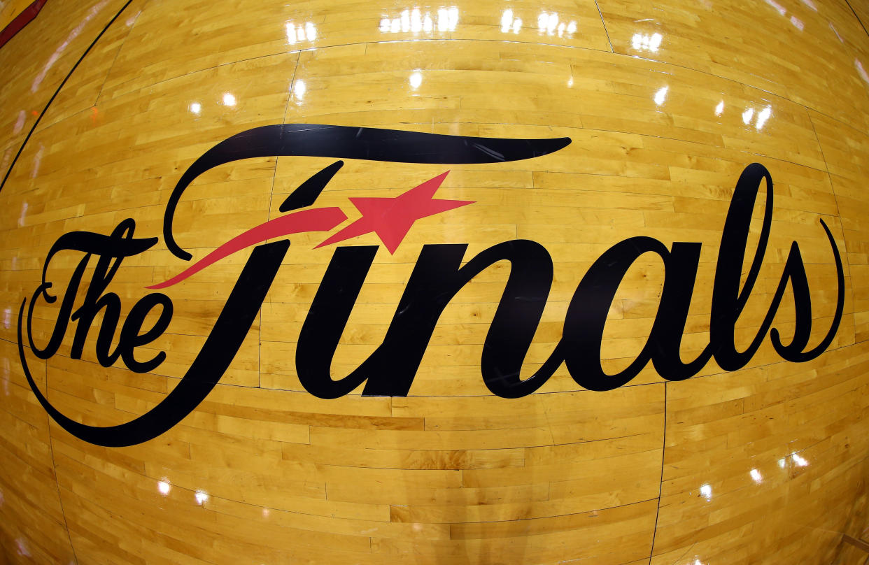 MIAMI, FL - JUNE 20:  The NBA Finals logo is seen on the court before Game Seven of the 2013 NBA Finals between the Miami Heat and the San Antonio Spurs  at AmericanAirlines Arena on June 20, 2013 in Miami, Florida. NOTE TO USER: User expressly acknowledges and agrees that, by downloading and or using this photograph, User is consenting to the terms and conditions of the Getty Images License Agreement.  (Photo by Mike Ehrmann/Getty Images)