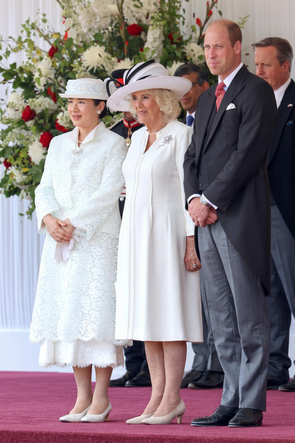 LONDON, ENGLAND - JUNE 25: Queen Camilla (C) with Empress Masako of Japan and Prince William, Prince of Wales (R) at the ceremonial welcome during the state visit to the United Kingdom at Horse Guards Parade on June 25, 2024 in London, England. (Photo by Chris Jackson/Getty Images)