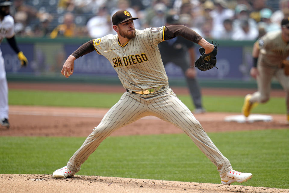 San Diego Padres starting pitcher Joe Musgrove delivers during the third inning of a baseball game against the Pittsburgh Pirates in Pittsburgh, Thursday, June 29, 2023. (AP Photo/Gene J. Puskar)