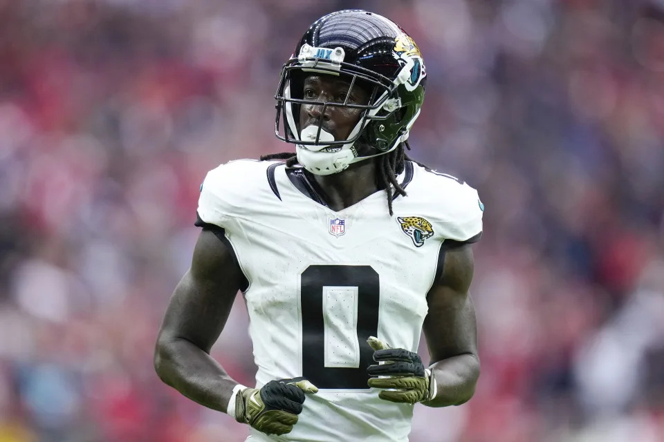 Jacksonville Jaguars wide receiver Calvin Ridley (0) lines up against the Houston Texans during the second half of an NFL football game Sunday, Nov. 26, 2023, in Houston. (AP Photo/Eric Christian Smith)