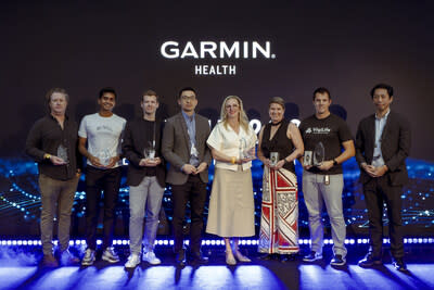 The 2024 Garmin Health Awards winners, VigiLife (Expert's Choice winner) and Metluma (People's Choice winner), with finalists at the Garmin Health Summit in Prague.