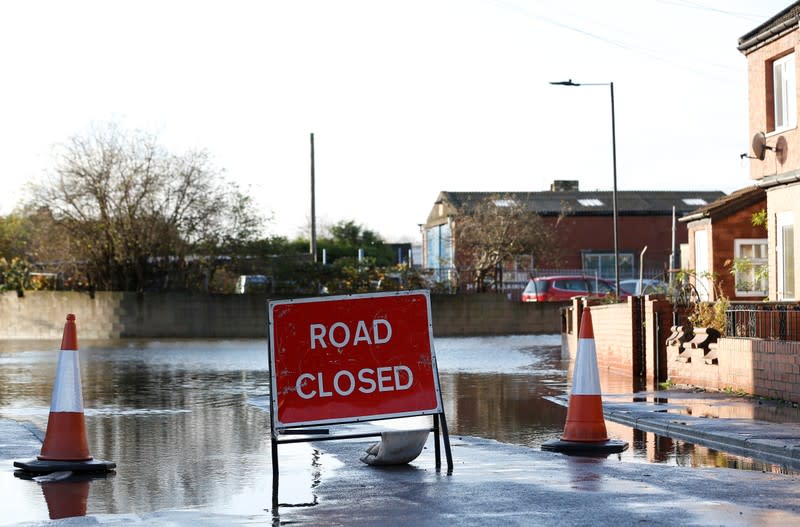 A general view of road closure in a flooded area of Bentley, north of Doncaster