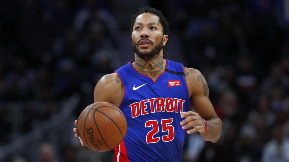 Detroit Pistons guard Derrick Rose plays against the Brooklyn Nets in the second half of an NBA basketball game in Detroit, Saturday, Jan. 25, 2020. (AP Photo/Paul Sancya)