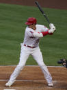 Los Angeles Angels' Shohei Ohtani (17) bats during the second inning of a baseball game against the Chicago White Sox Sunday, April 4, 2021, in Anaheim, Calif. (AP Photo/Ashley Landis)