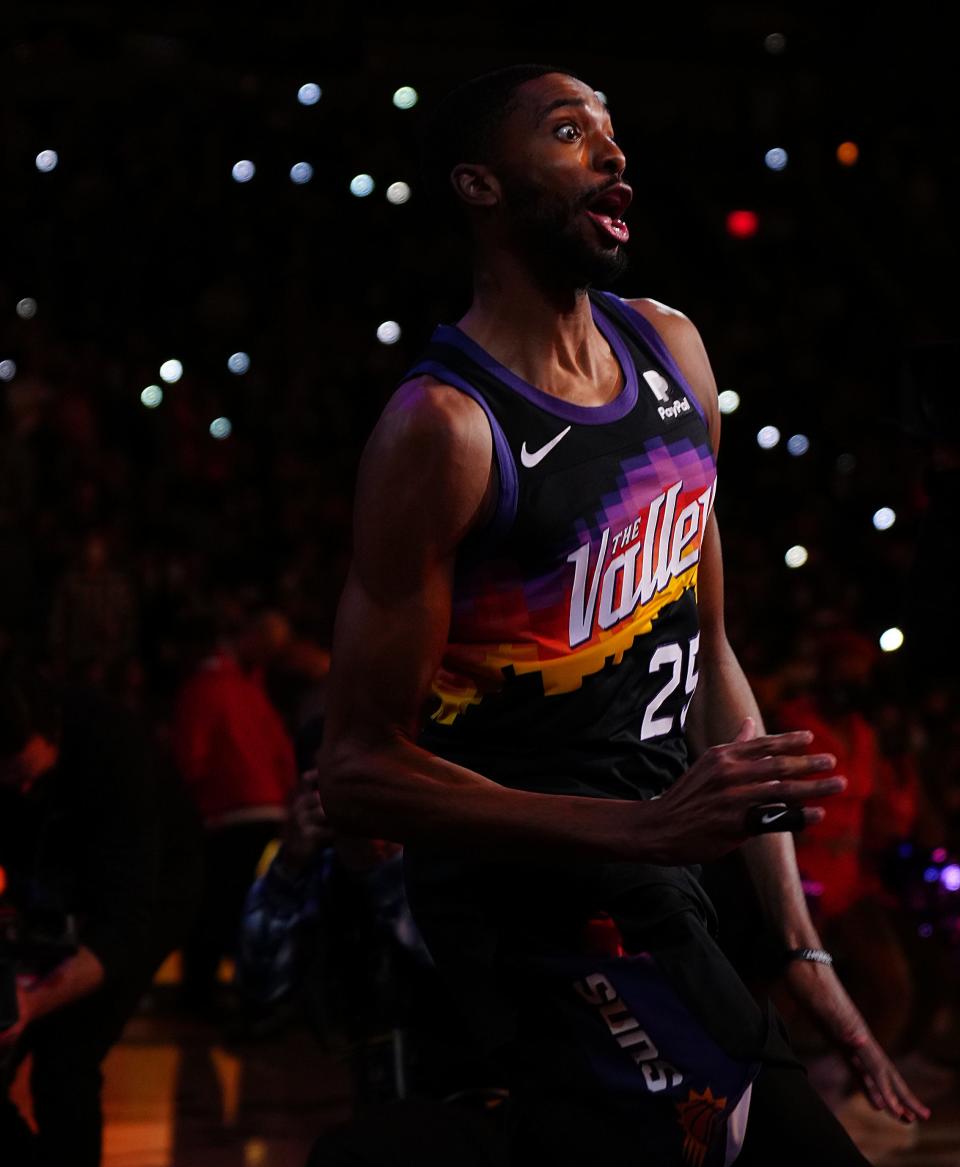 Jan 22, 2022; Phoenix, Arizona, USA; Suns' Mikal Bridges enters the court before a game against the Pacers at the Footprint Center.